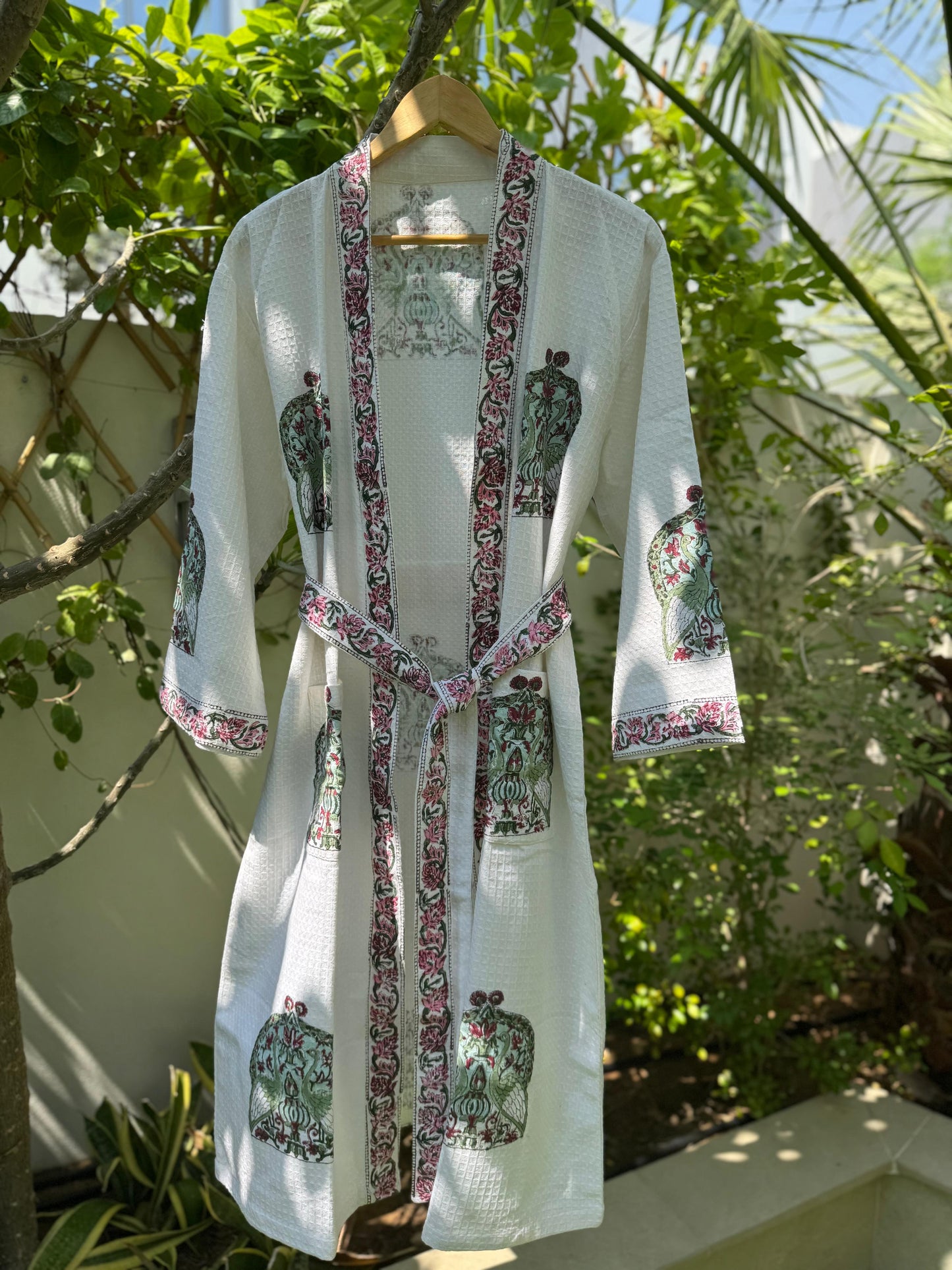 Pink & Green Block Printed Bathrobe