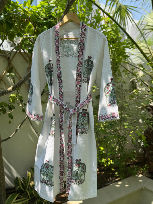 Pink & Green Block Printed Bathrobe