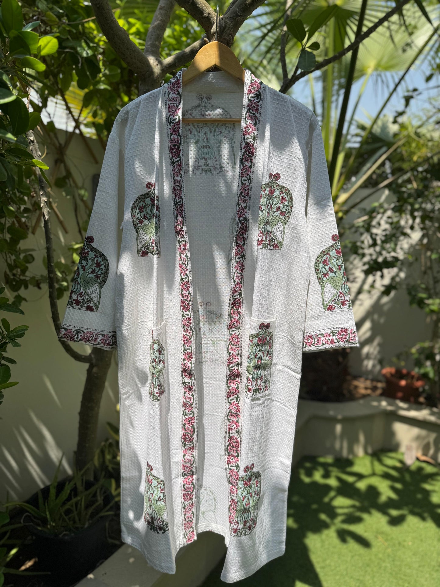 Pink & Green Block Printed Bathrobe