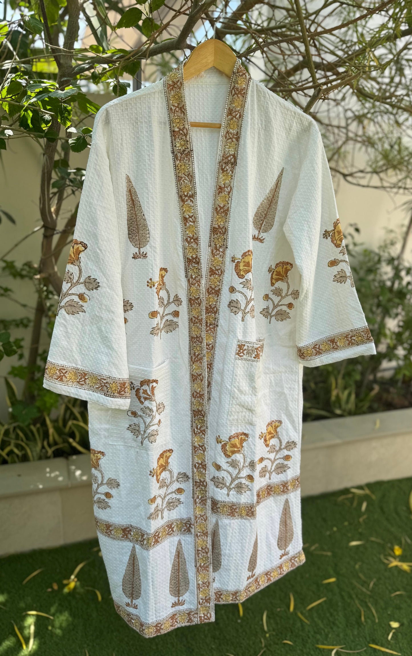 Brown Pine Tree Block Printed Bathrobe