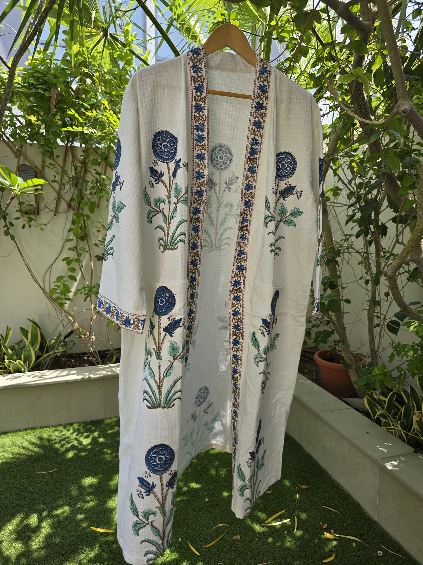 Dark Blue Flower Block Printed Bathrobe