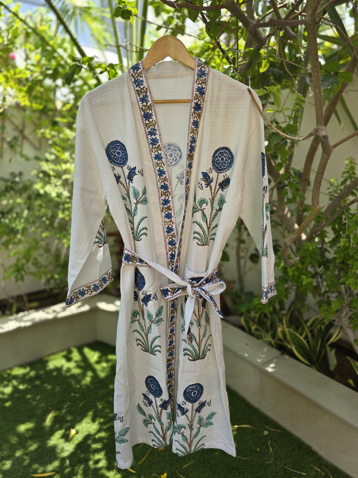 Dark Blue Flower Block Printed Bathrobe