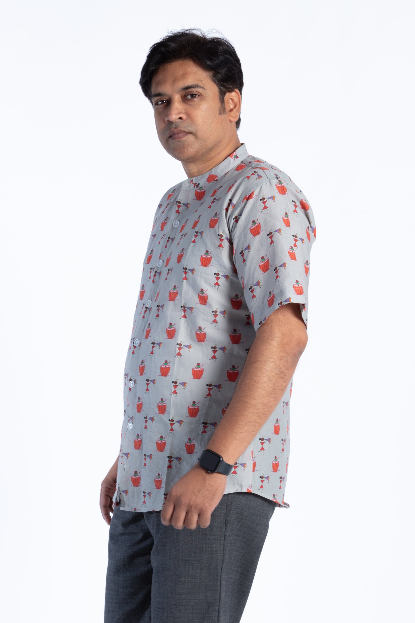 Grey & Red Printed Drum Shirt