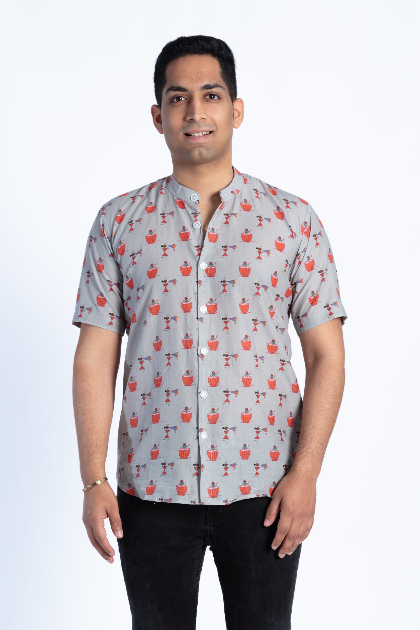 Grey & Red Printed Drum Shirt