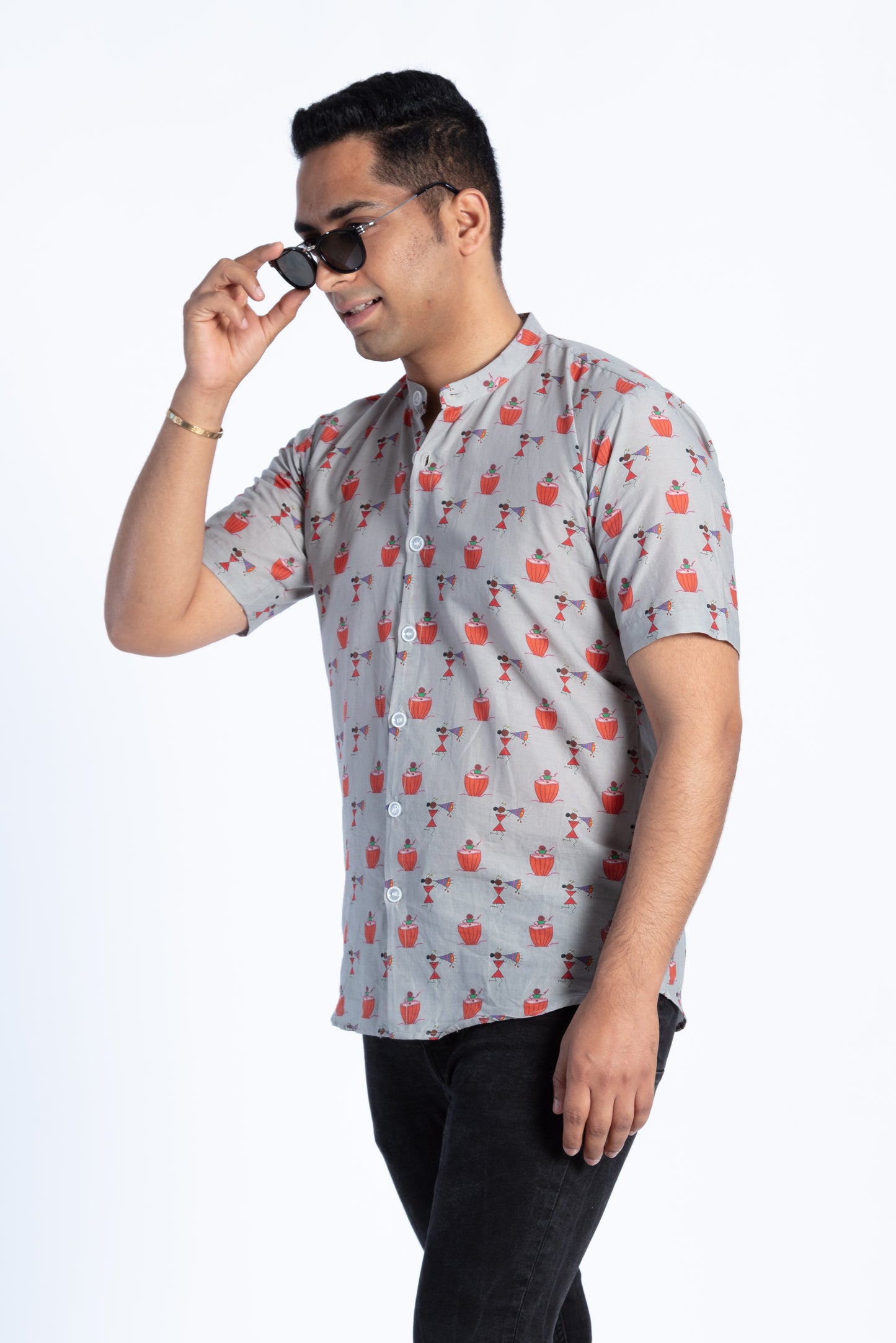 Grey & Red Printed Drum Shirt