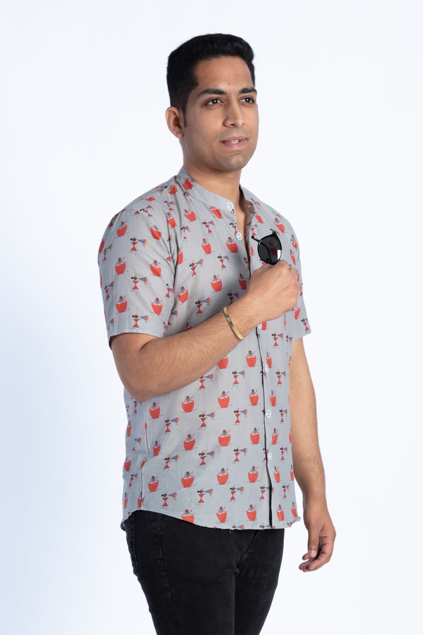 Grey & Red Printed Drum Shirt