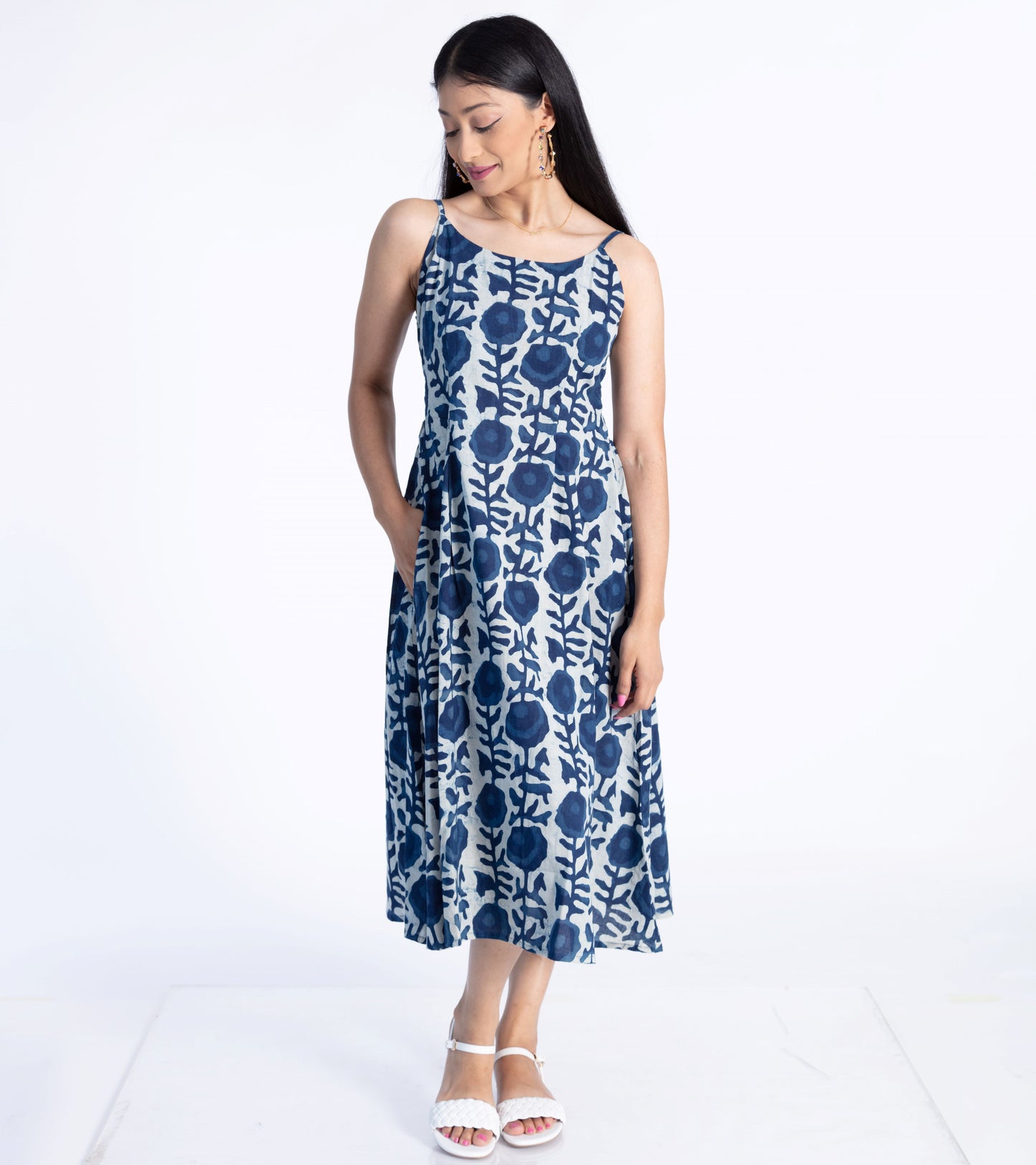 Indigo Flowers Shirred Summer Dress