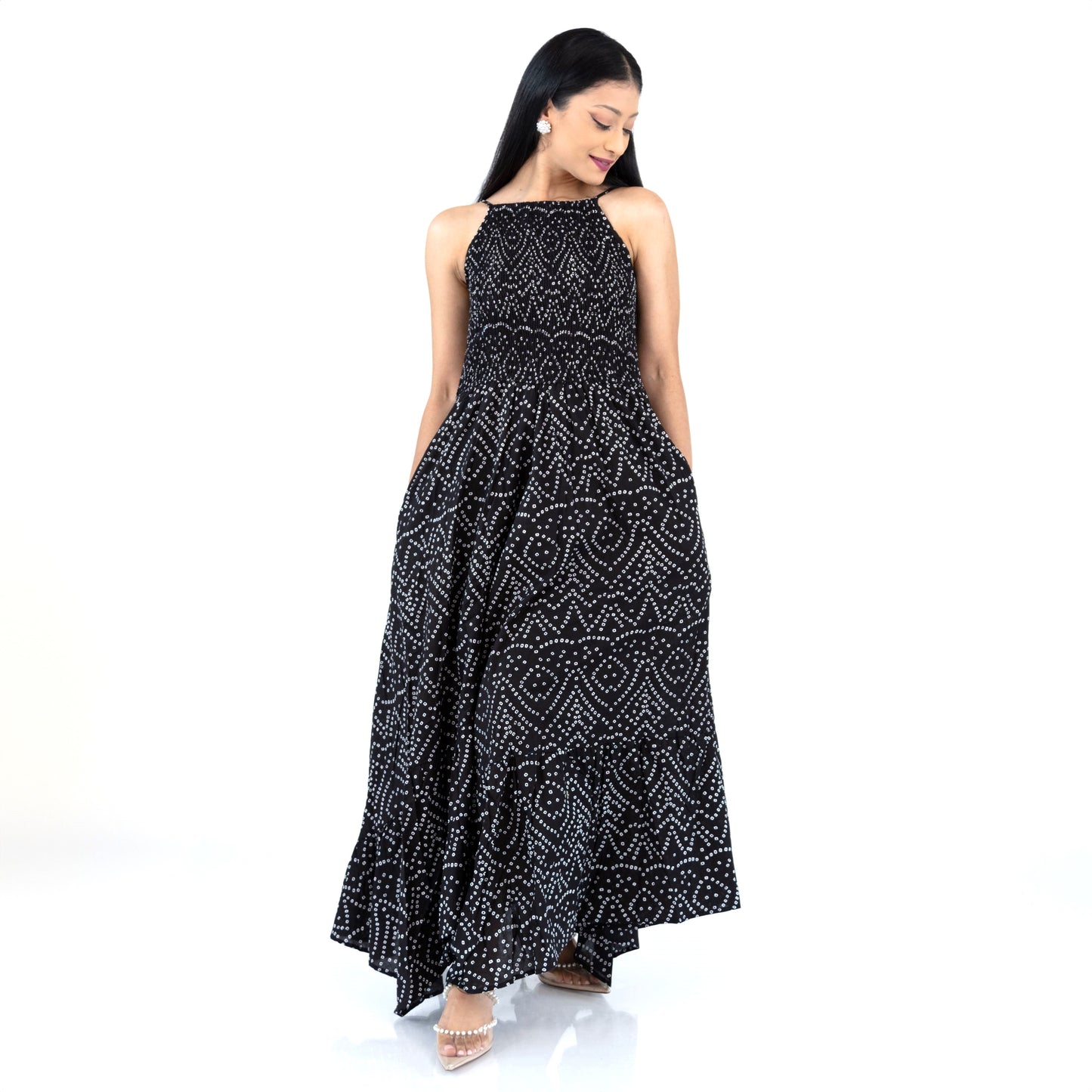 Black Bandani Shirred Maxi Dress