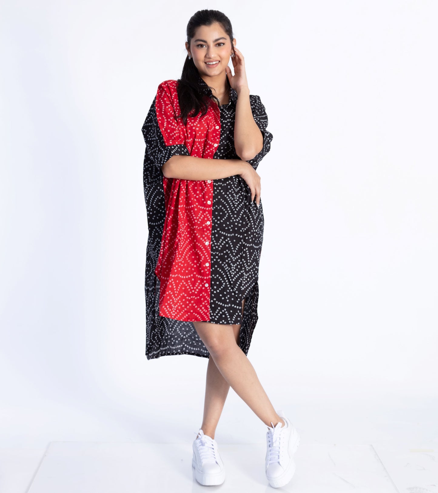 Black & Red Bandhani Shirt Dress