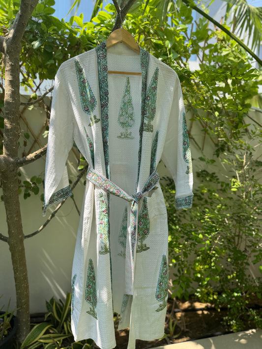 Green Pine Tree Block Printed Bathrobe