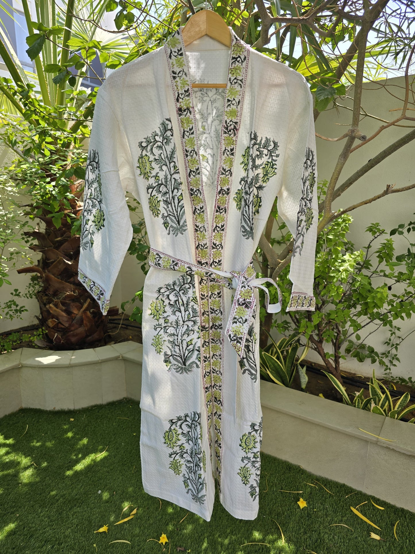 Yellow & Black Flowers Block Printed Bathrobe
