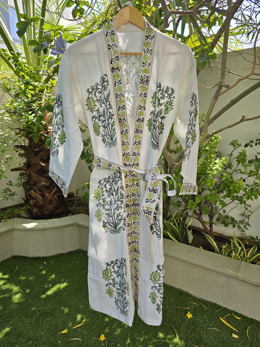Yellow & Black Flowers Block Printed Bathrobe