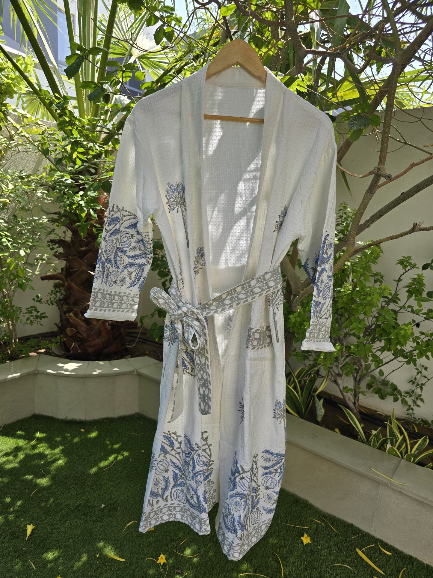 Blue & Grey Block Printed Bathrobe