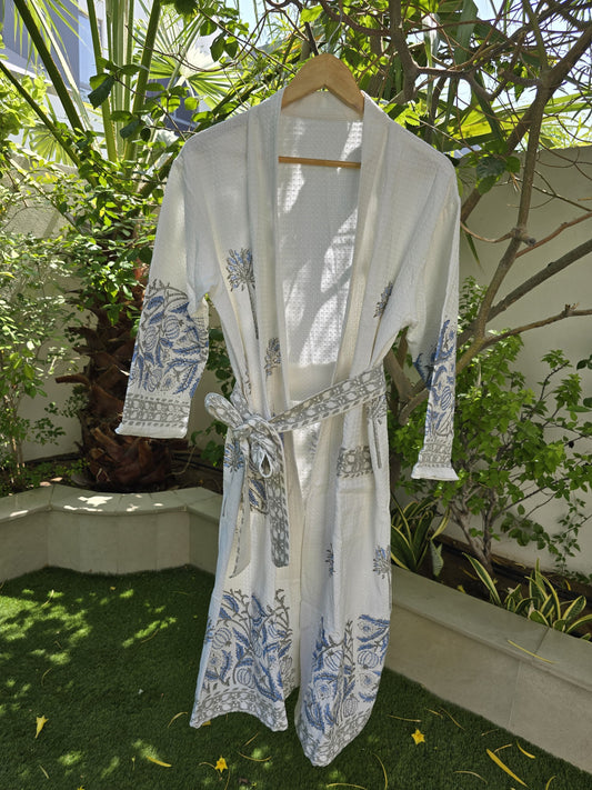Blue & Grey Block Printed Bathrobe