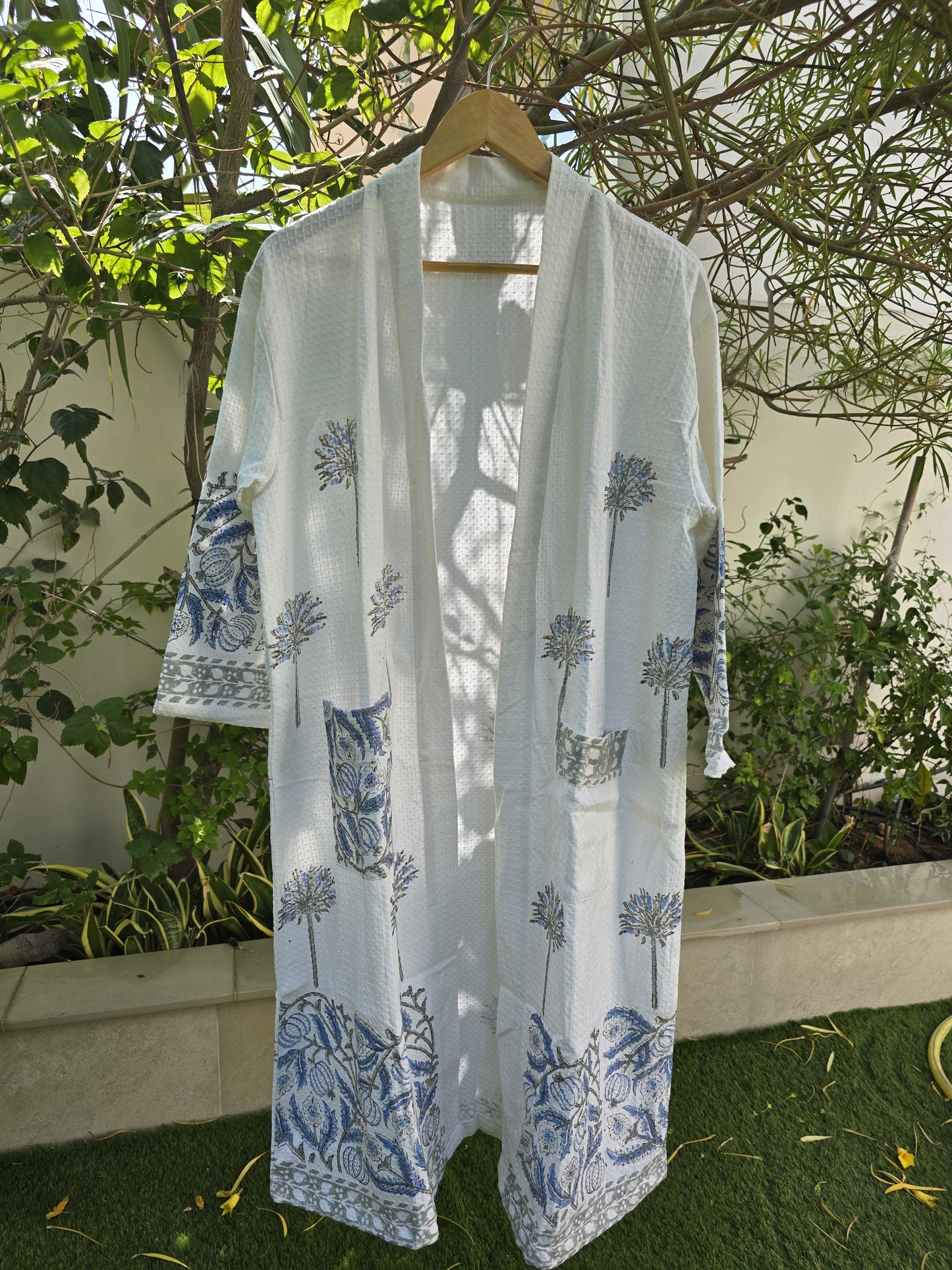 Blue & Grey Block Printed Bathrobe