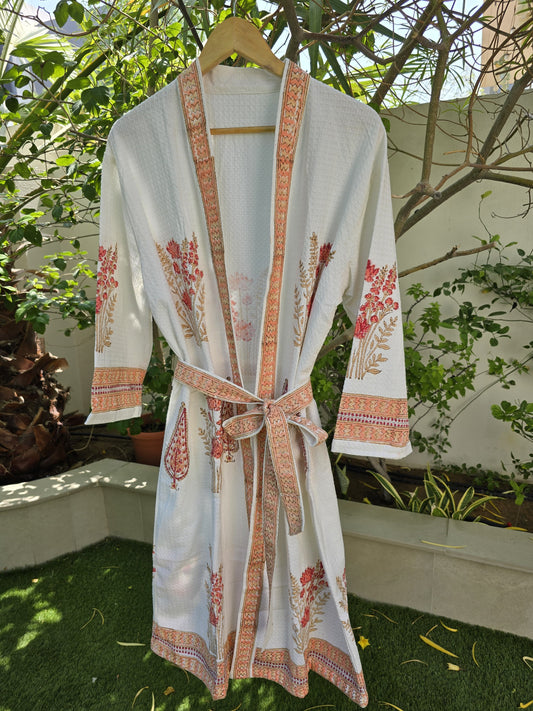 Red Flowers Block Printed Bathrobe