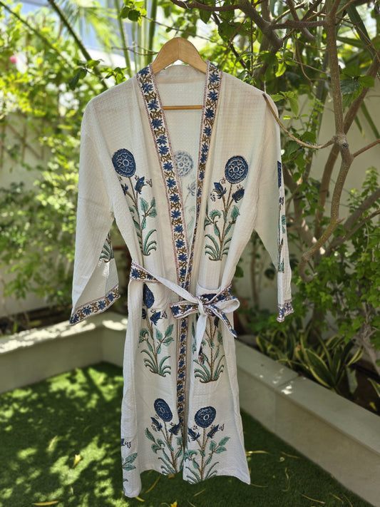 Dark Blue Flower Block Printed Bathrobe