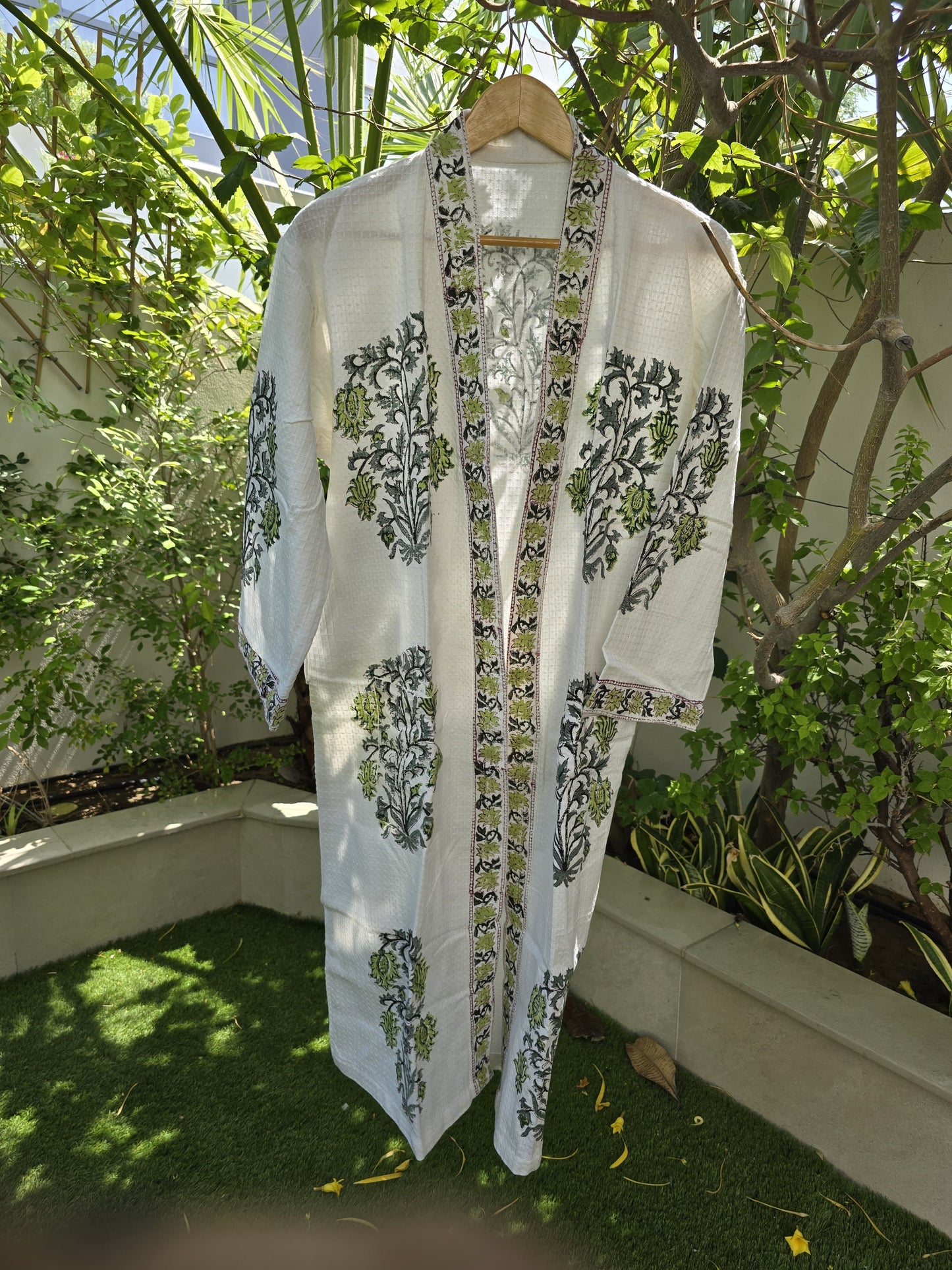 Yellow & Black Flowers Block Printed Bathrobe