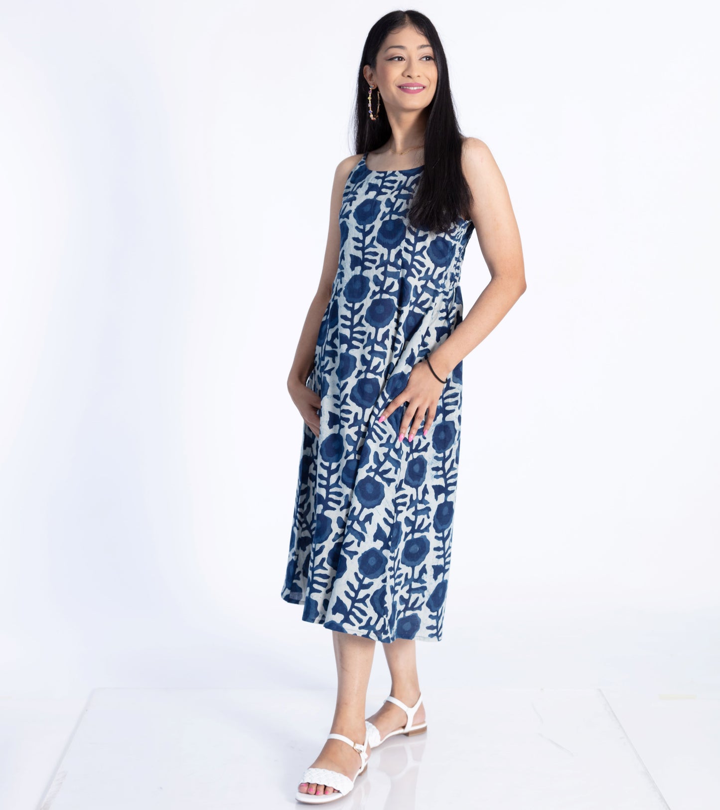 Indigo Flowers Shirred Summer Dress